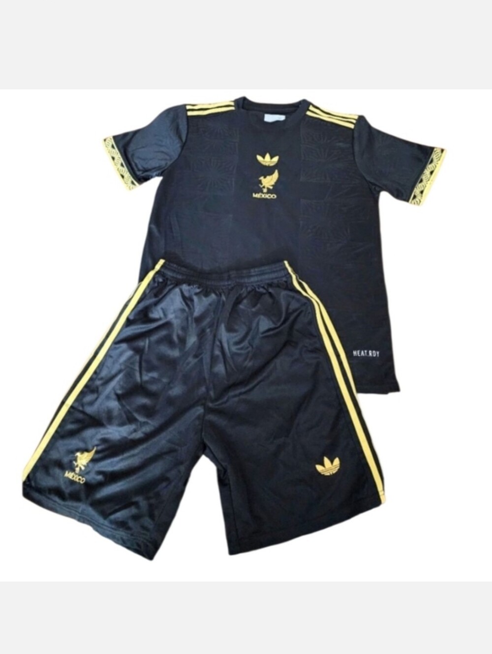 New Set Unisex Mexico 25 Gold Jersey set features a black shirt and shorts with